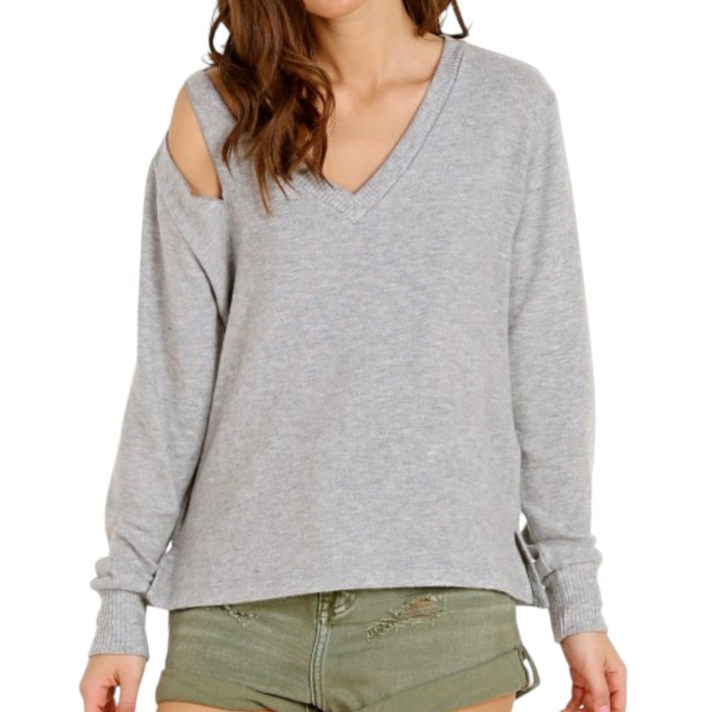 LNA CLOTHING Light Gray HAWK SWEATER Cut-Outs at Shoulder TENCEL Super Soft XS
